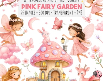 75 Watercolor Fairy Garden Clipart Bundle PNG, Pink Fairies, Magical Animals, Fairy Houses, Enchanted Forest, Whimsical, Instant Download