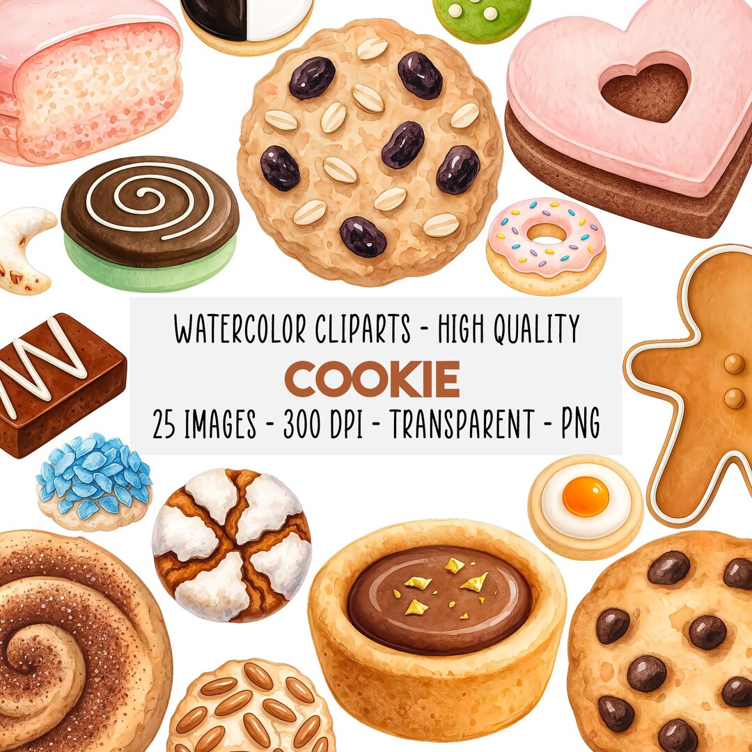 25 Cookie Clipart Watercolor PNG Set, Sweet Treats Chocolate, Sugar ...