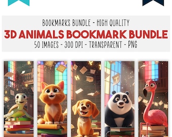 50 3D Animal Bookmarks Bundle | Cute Cat Dog Bear Bunny Designs | Printable Bookmark Sublimation for Kids & Adults | Kawaii Reading Gift