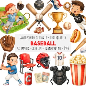 Könnte beinhalten: Aquarell-Cliparts mit Baseball-Motiven. Enthält Basebälle, Schläger, Handschuhe, eine Trophäe, einen Hotdog, Popcorn und Baseballspieler. Der Text auf dem Bild lautet "BASEBALL" und "WATERCOLOR CLIPARTS - HIGH QUALITY".