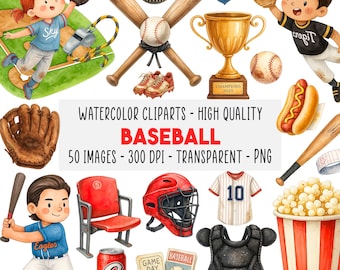 50 Baseball Kids Clipart Bundle, Watercolor Sports PNG, Bat, Glove, Cap, Field, Softball Player, Boys Girls Illustration, Instant Download