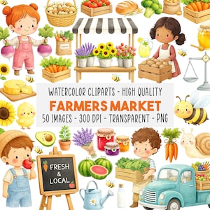 Puede incluir: Conjunto de imágenes prediseñadas de acuarela con temática de mercado de agricultores. La imagen incluye ilustraciones de niños, productos, flores y puestos de mercado. El texto de la imagen dice "FARMERS MARKET" y "FRESH & LOCAL".