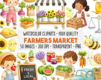 50 Farmers Market Clipart PNG Bundle, Watercolor Farm People, Fruit Vegetables, Local Food, Garden, Commercial Use, Instant Download