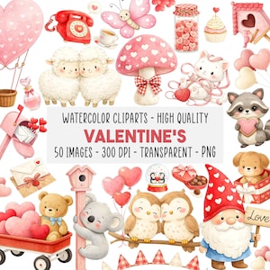 Pode incluir: Uma coleção de imagens de clip art em aquarela com tema de Dia dos Namorados. As imagens incluem corações, animais e outros elementos românticos. O texto na imagem diz "WATERCOLOR CLIPARTS - HIGH QUALITY VALENTINE'S 50 IMAGES - 300 DPI - TRANSPARENT - PNG."