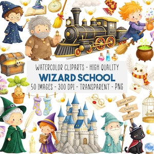 Puede incluir: Conjunto de imágenes prediseñadas de acuarela con temática de escuela de magia. La imagen incluye un tren, un castillo, personajes y objetos mágicos. El texto de la imagen dice "WIZARD SCHOOL" y "50 IMAGES - 300 DPI - TRANSPARENT - PNG".