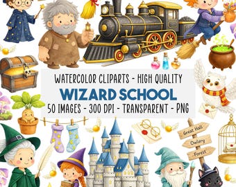 50 Magical Wizard School Clipart PNG Bundle, Young Wizards, Witches, Dragons, Owls, Potions, Spells, Fantasy Characters, Instant Download