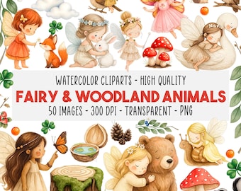 50 Hadas y Animales del Bosque Clipart PNG, Hadas Acuarela con Animales, Arte Fantasía Manualidades, Set Hadas Bosque, Descarga Instantánea