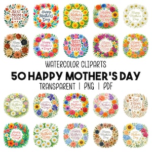 Pacote PNG para o Dia das Mães 50 Guirlandas Florais e Designs Clipart Feliz Dia das Mães em Aquarela Download Digital Conjunto PNG PDF para