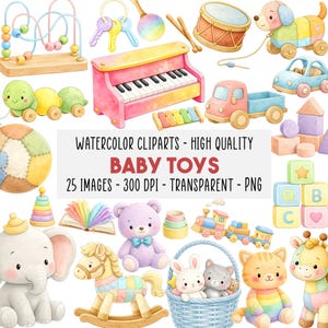 May include: A collection of watercolor baby toy clip art. Includes a pink piano, a xylophone, a drum, a dog pull toy, a turtle pull toy, a truck, building blocks, a rocking horse, a teddy bear, a basket with bunnies and a cat, and more. The text reads: BABY TOYS.