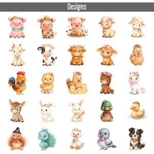 50 Cute Farm Animals PNG Bundle, Watercolor Farm Clipart Set, Cow, Pig, Duck, Horse, Bunny, Dog, Sheep, Instant Download, Barn Baby Animal image 2