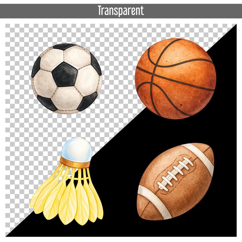 May include: A watercolour illustration featuring a soccer ball with black and white panels, a brown basketball, a yellow and white badminton shuttlecock, and a brown American football.