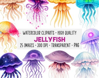 25 Quallen Aquarell Clipart PNG Bundle, Ozean Meeresleben Set, Transparenter Hintergrund, Digital Druckbar, Kommerzielle Nutzung
