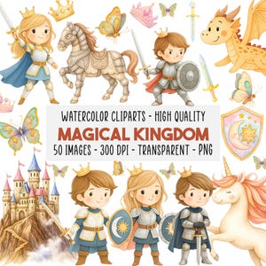 Paquete de 50 Cliparts de Caballeros Medievales, Castillo Fantasía, Dragón PNG, Princesa, Corona Real, Unicornio, Descarga Instantánea