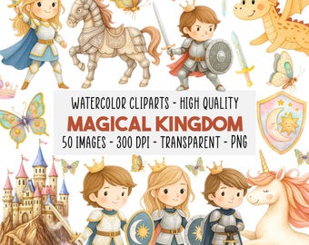 50 Medieval Knight Clipart Bundle, Fantasy Castle, Dragon PNG, Princess, Royal Crown Clip Art, Unicorn, Horse Illustration, Instant Download
