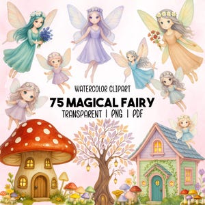 Lot de Cliparts Jardin de Fées Magiques, 75 Fées Aquarelle Mignonnes, Illustrations de Forêt Rose Fantastique, Animaux Floraux, PNG, PDF