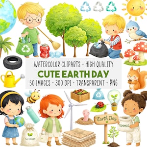 50 Cute Earth Day Clipart, Reciclaje Infantil Eco Friendly, Go Green Ecologia PNG, Ilustracion Naturaleza Ambiental, Descarga Instantanea