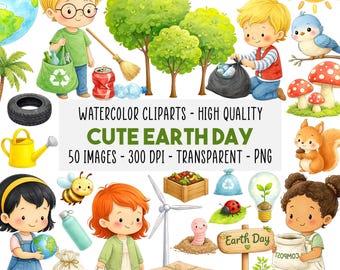 Könnte beinhalten: Aquarell-Cliparts mit einem niedlichen Earth Day-Thema. Das Bild enthält Illustrationen von Kindern, Bäumen, Recycling-Symbolen, Tieren und den Text "CUTE EARTH DAY".