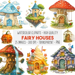 25 Cliparts Casas de Fadas, Chalés Fantasia 3D Aquarela PNG, Para Diário Criativo e Artesanato