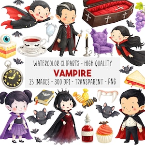 May include: A collection of watercolour vampire-themed clip art. The illustrations include cartoon vampires, bats, a coffin, a teacup, a pocket watch, and other spooky elements. The image text reads "VAMPIRE".