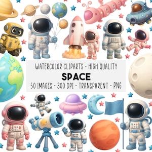 50 Cliparts Fofos do Espaço – PNG, Astronautas em Tons Pastel, Planetas, Foguetes – Decoração de Quarto Infantil, Festa de Aniversário