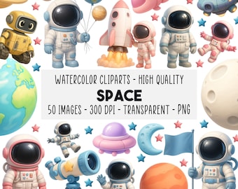 50 Lindos Cliparts del Espacio PNG, Astronautas Pastel Planetas Cohetes, Decoración Infantil, Fiesta de Cumpleaños, Descarga Instantánea