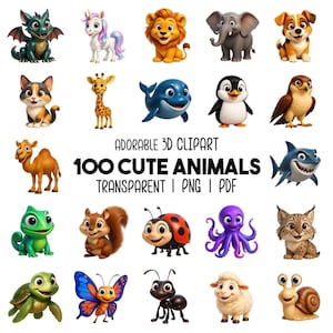 Uroczy Pakiet Ilustracji 3D Zwierząt, 100 Wysokiej Jakości PNG, PDF z Przezroczystym Tłem, Idealny do Produktów Cyfrowych, Printables