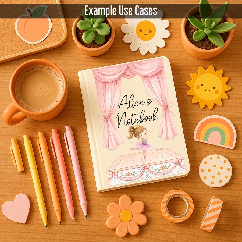May include: An assortment of stationery and decorative items on a wooden surface. Includes a notebook with "Alice's Notebook" text, pens, a coffee mug, flower and sun-shaped decorations, and small potted plants.