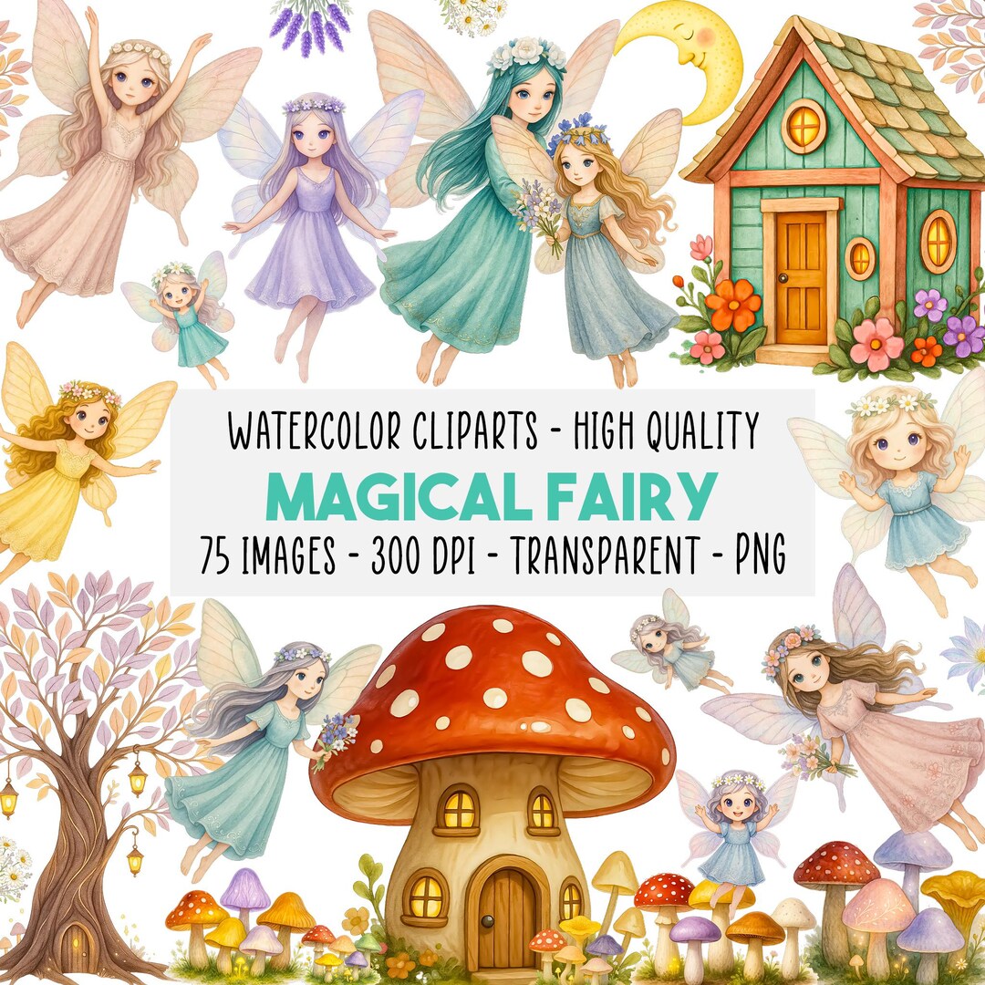 Magical Fairy Garden Clipart Bundle, 75 Cute Watercolor Fairies, Pink ...
