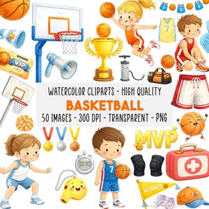 Puede incluir: Conjunto de imágenes prediseñadas de acuarela con temática de baloncesto. Incluye una canasta de baloncesto, balones de baloncesto, niños con uniformes, un trofeo y el texto "BASKETBALL". Las imágenes son coloridas y adecuadas para proyectos de diseño.