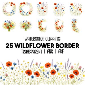 25 Cliparts de Guirlanda e Borda de Flores Silvestres Vibrantes PNG, PDF – Molduras Florais Aquarela Pintadas à Mão para Convites Casamento
