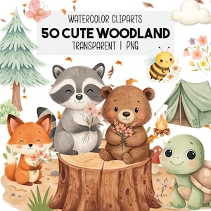 50 Watercolor Woodland Cute Animals Clipart PNG, Boho, Birthday Party, Forest, Baby Animals, Nursery Art, Commercial Use, Instant Download