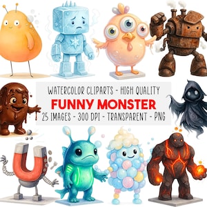 Puede incluir: Una colección de imágenes prediseñadas de acuarela con personajes de monstruos divertidos y coloridos. La imagen incluye varios diseños de monstruos, como un cubo de hielo derritiéndose, un pájaro de tres ojos y una criatura de chocolate. El texto en la imagen dice "FUNNY MONSTER".
