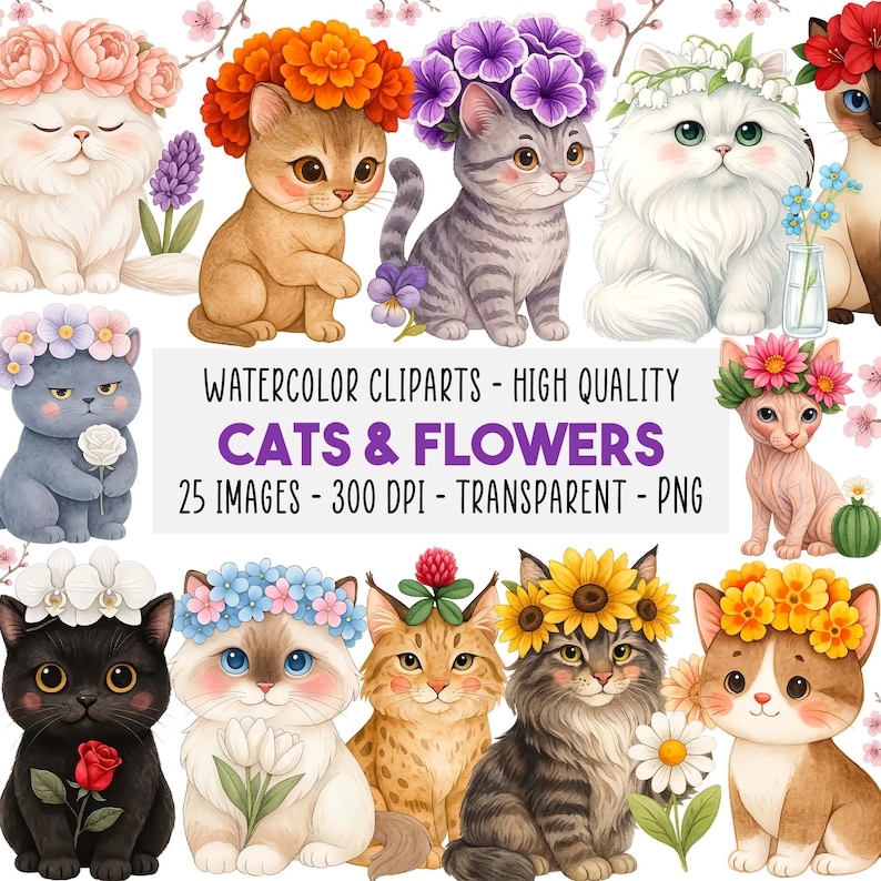 25 Floral Cat Clipart PNG Set, Cute Kitten Watercolor Clipart, Nursery ...
