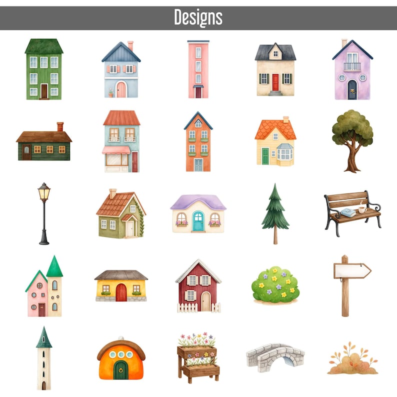 25 Cute Houses Watercolor Clipart Bundle, Quaint Village, Cottage PNG ...