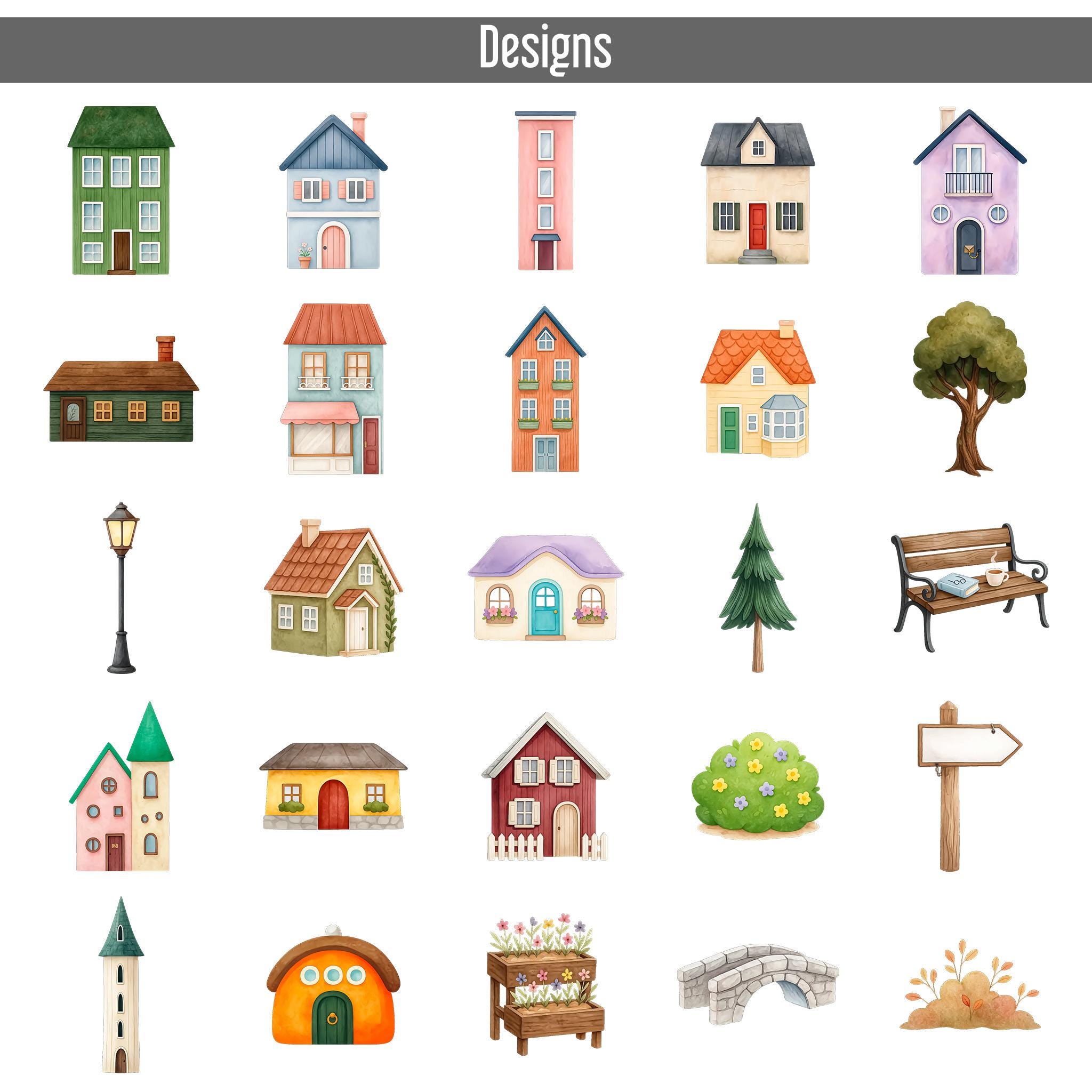 25 Cute Houses Watercolor Clipart Bundle, Quaint Village, Cottage PNG ...