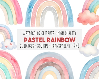 25 Clipart Arcoíris Pastel PNG Set, Ilustraciones Acuarela Boho Arcoíris para Arte de Pared Infantil, Decoración, Descarga Instantánea