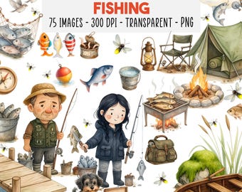 75 Angeln Aquarell Clipart PNG Paket, Fischer, Boote, Ruten & Ausrüstung, Seeszene, Camping, Kommerzielle Nutzung, Sofortiger Download