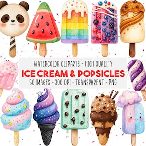Könnte beinhalten: Aquarell-Illustration verschiedener Eiscreme- und Eis am Stiel-Designs. Das Bild zeigt ein Eis am Stiel in Panda-Form, ein Eis am Stiel in Wassermelonen-Form und ein Eis am Stiel in Regenbogen-Form. Der Text lautet "ICE CREAM & POPSICLES".