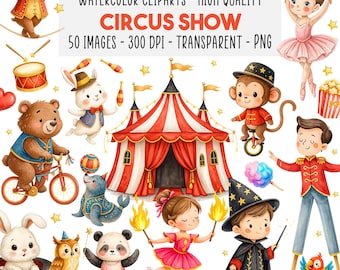 50 Circus Watercolor Clipart Bundle, Circus Animals, Carnival Elements, Clown, Elephant, Tent, Cotton Candy, Party Decor, Instant Download