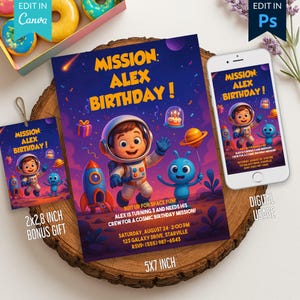 Modello di invito per compleanno nello spazio modificabile Invito astronauta per bambino Invito digitale a tema galassia Download istantaneo