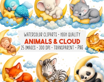 25 Baby Animals on Moon Clipart PNG Set, Cute Sleeping Animals on Clouds, Watercolor Nursery Wall Art, Baby Shower Decor, Instant Download