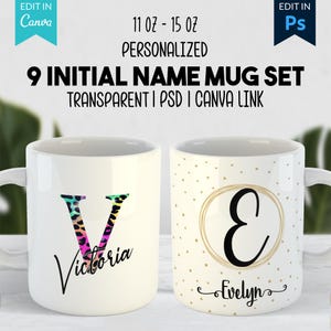 Gepersonaliseerde Bekerwikkels met Initiaal en Naam – 9 Sublimatie Ontwerpen | 11oz & 15oz Beker Sjablonen | Digitale Download (PSD)