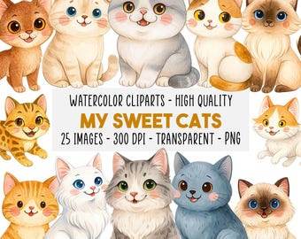 25 私のかわいい猫 水彩クリップアートバンドル, ユニークな子猫PNG, ベビールーム & スクラップブック用かわいい猫グラフィック, デジタル即時ダウンロード