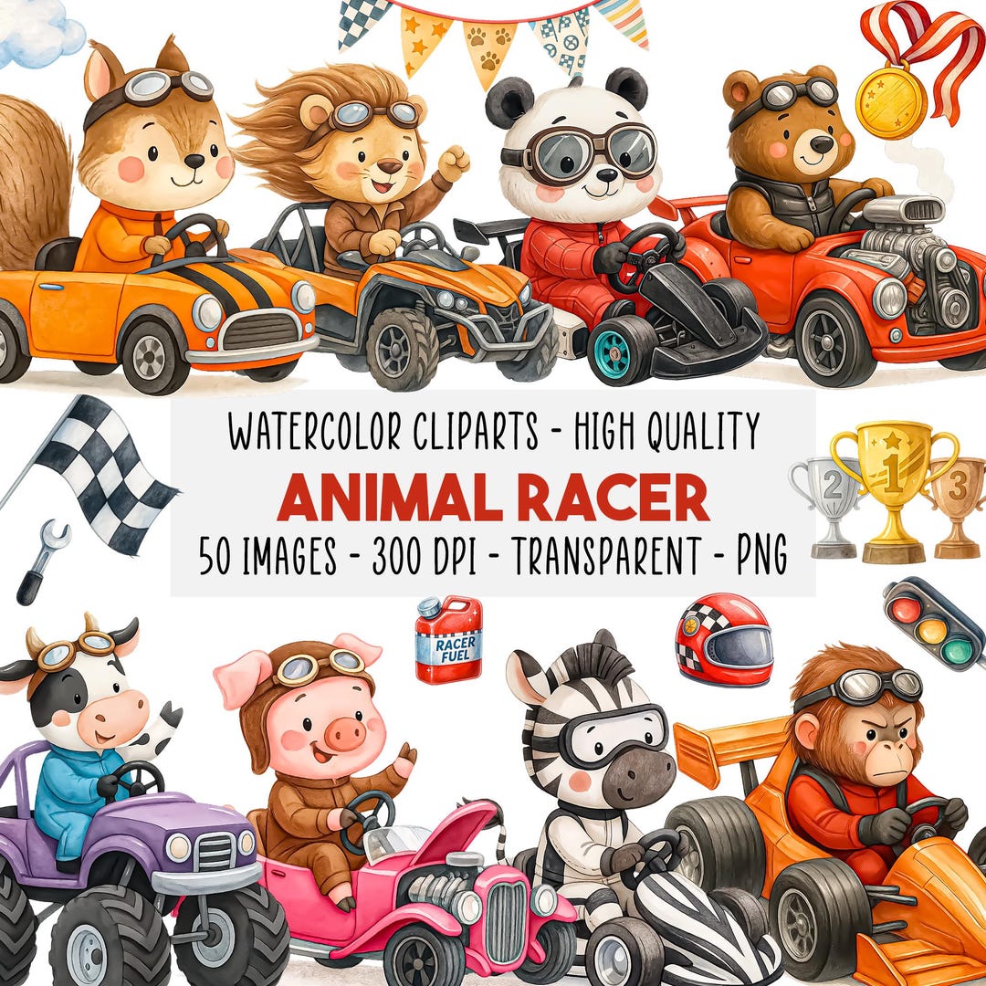 Animals Racing Background 50 Animal Racer Watercolor Clipart Bundle, Cute Racing Animals PNG ...