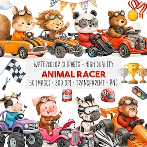 50 Animal Racer Watercolor Clipart Bundle, Cute Racing Animals PNG, Race Car Digital, Kids Birthday Party, Nursery Decor, Instant Download