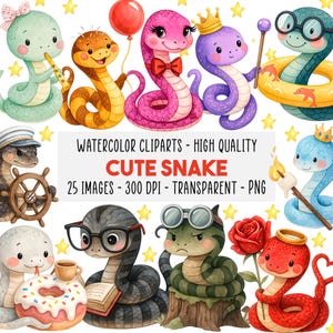 25 söta ormar Clipart PNG-set, nyckfulla akvarell tecknade reptiler, för födelsedagsfest, barnrum, DIY-barndekor, direktnedladdning