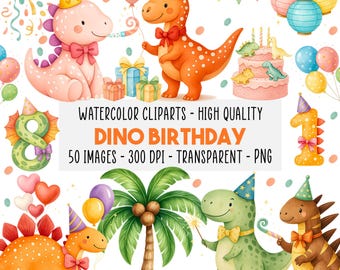 50 Dino Birthday Clipart, Watercolor Dinosaur Party PNG, Cute Baby Dino Birthday, Nursery Decor, Shower, Commercial Use, Instant Download