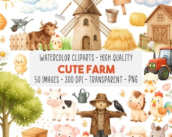 50 Farm Life Watercolor Clipart Pastel Bundle PNG Cute Farm Animals, Barnyard Tools, Truck, Barn, Flowers, Commercial Use, Instant Download