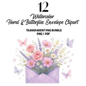 12 Cliparts de Envelopes Florais PNG PDF, Flores e Borboletas em Aquarela, Diário de Primavera, Scrapbooking, Download Digital
