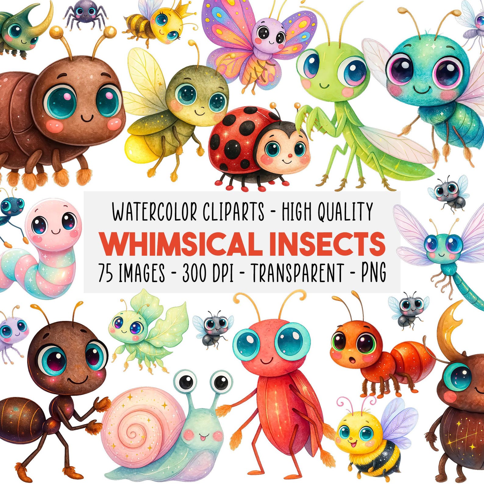 75 Whimsical Insects Bugs Watercolor PNG Clipart, Cute Quirky Insects ...
